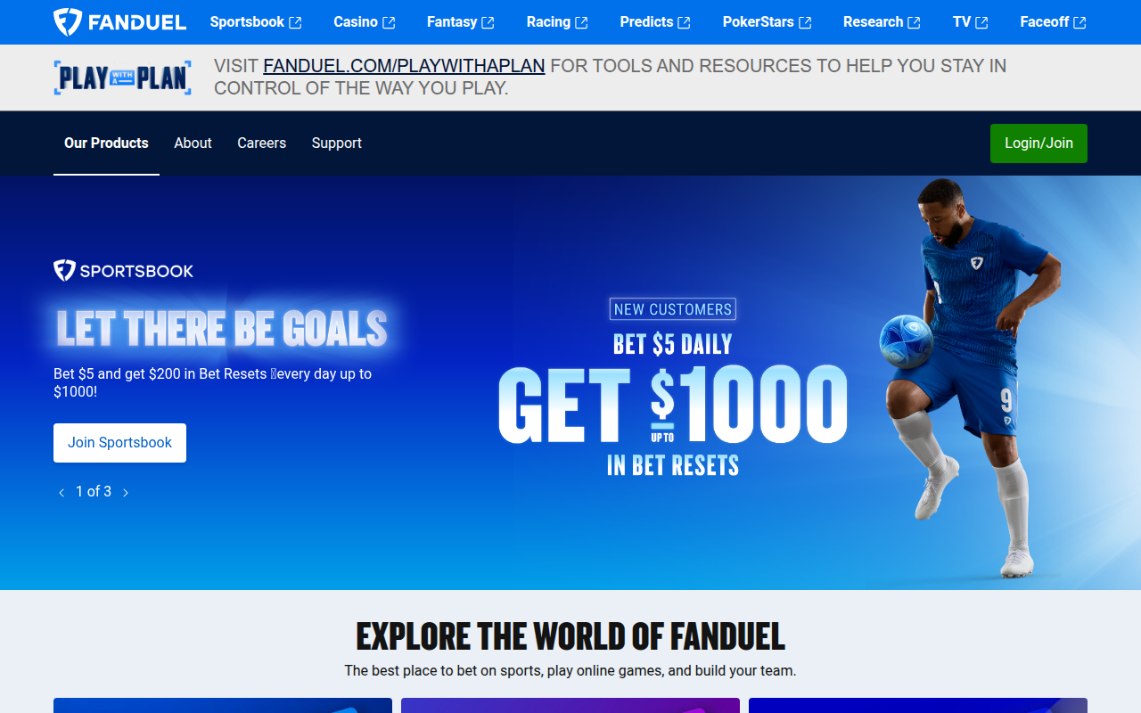 Скриншот главной страницы FanDuel